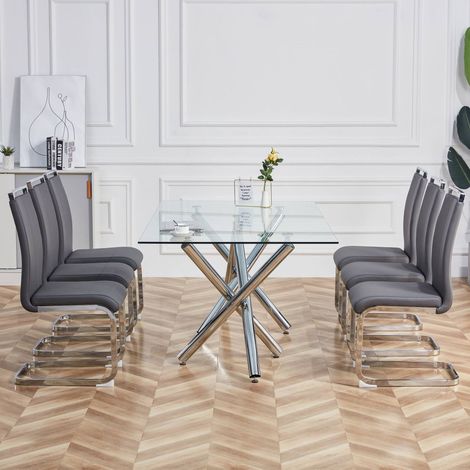 Lote de 4 sillas de comedor voladas de polipiel gris con patas de metal cromado HAVRYA (1/5)