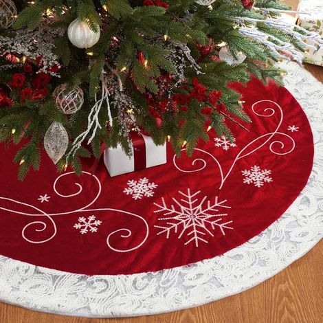 Tapis de sapin de Noël rouge de 119 cm (47 pouces) brodé de sequins blancs et blancs (1/4)