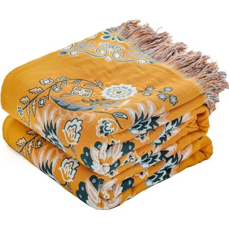 Colcha - Manta de sofá estilo bohemio 100% algodón con borlas, reversible, 150x200cm - Amarillo/Verde
