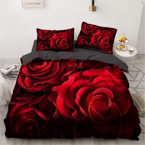 Bettwäsche-Set 220x240cm Rot Rosen Microfaser mit 2 Kissenbezügen 80x80cm