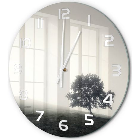 Horloge Murale Ronde Salon Cuisine Bureau Verre Trempé Sans Tic-Tac Moderne Arbre solitaire fi 60 cm (1/5)