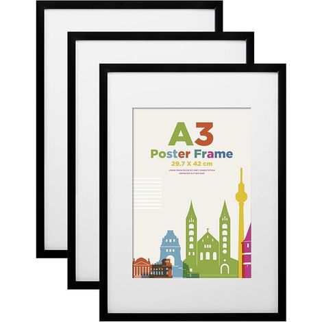 cadres photo A3 en bois avec passe-partout en verre acrylique, photos DIN A4, cadre de certificats montage mural, 29,7 x 42 cm Cadre portrait, maison, bureau - Noir (1/3)
