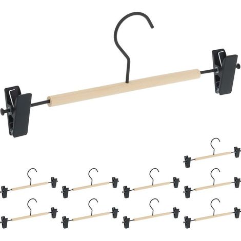 Relaxdays Lot de 10 Cintres Pantalons Jupes Pinces Réglables Crochet Pivotant 360° Bois Lotus Métal Noir (1/5)