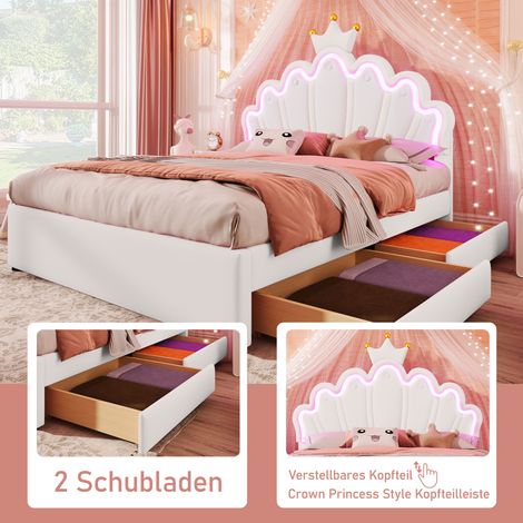 Lit princesse rembourré 140×200cm PU blanc,LED télécommandée,2 tiroirs,tête couronne réglable,lit double vendu sans matelas