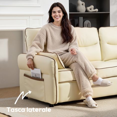 Canapé 3 places beige en similicuir, 190x83x90 cm, coussins rembourrés, rangement latéral et 2 coussins de repos inclus (1/5)