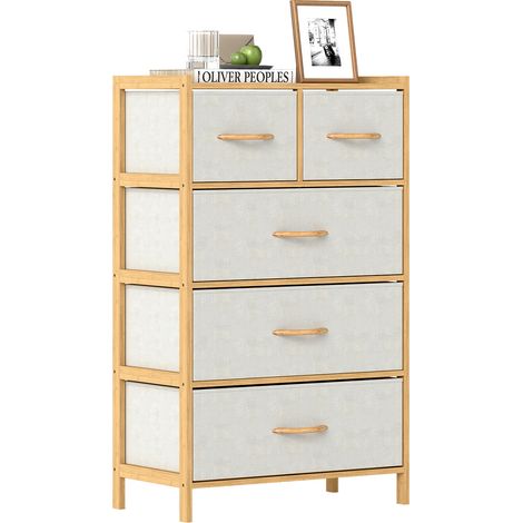 5 Tiroirs Commode en Bambou avec Étagère Meuble de Rangement Linge pour Chambre Salon (1/5)