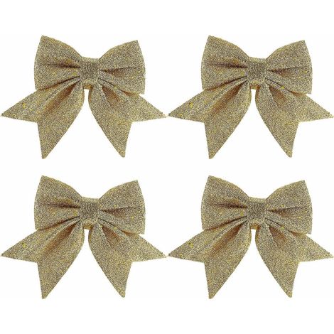 Lot de 4 nœuds décoratifs de Noël dorés à paillettes, imprimés sur le thème du sapin, pour centre commercial. (1/3)