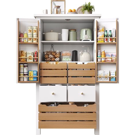 Modernluxe – Colonne de cuisine 80x40x140cm – 2 portes – 5 tiroirs – MDF et panneaux de particules – Finition blanche et naturelle (1/5)