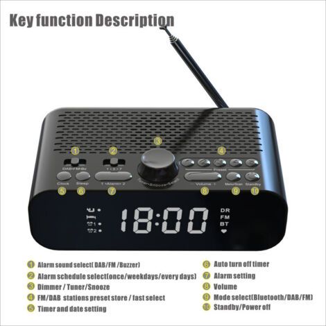 BUNTHAUS Radio-réveil numérique DAB/FM de chevet avec streaming BT, grand écran LED, double alarme, batterie rechargeable longue durée, haut-parleur de graves Hi-Fi