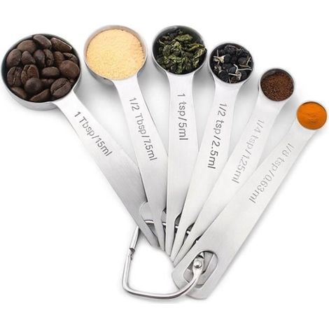 (Silberne) Messlöffel, Messbecher aus Edelstahl, Messlöffel zum Abmessen von trockenen und flüssigen Zutaten, Küche, Kaffee, 6 Stück