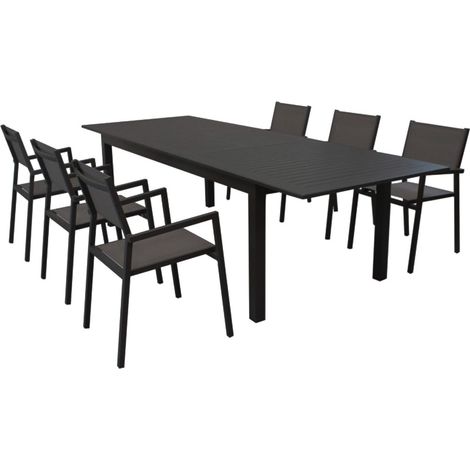 Ausziehtisch "Cube" aus Aluminium-Lamellen für den Außeneinsatz im Garten und auf der Veranda -Tisch 150-210 + 6 Poltrone / Anthrazit (1/5)
