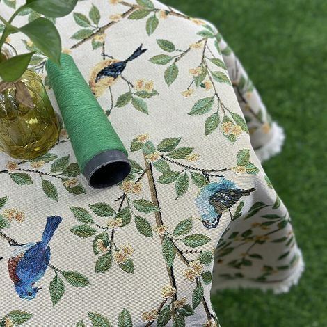 Runde Tischdecke aus Baumwolle und Leinen mit Blumenzweigen und Vögeln - 150 cm - Für den Innen- und Außenbereich - Für Partys, Picknicks, Restaurants, Gärten (1/2)