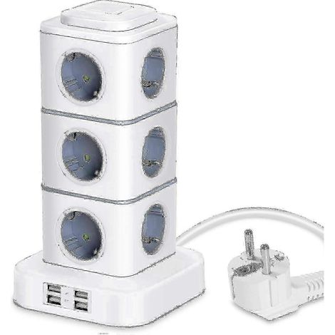 Multiprise verticale avec 12 prises et 4 ports USB, protégée contre les surtensions, compatible avec une utilisation à domicile et au bureau, cordon d'extension de 3 mètres (2500W/10A). (1/5)
