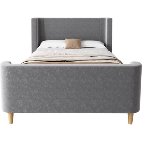 CAIziLit enfant traîneau cosmique 90x200 cm en velours gris (sans matelas) (1/5)
