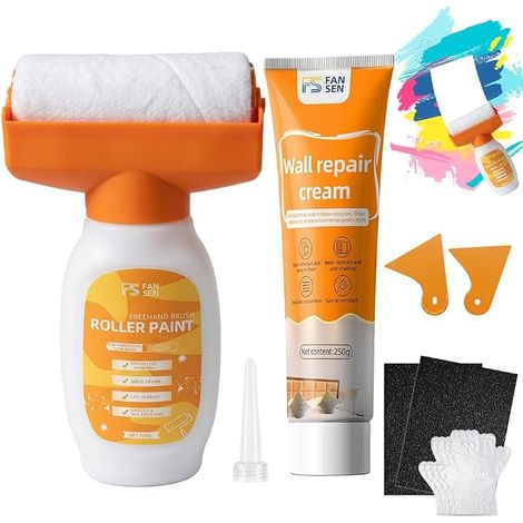 500g Brosse Roulante de Réparation Murale, 2 en 1 Rouleau Retouche Peinture Blanc Mur, Brosse à Rouleau avec Pâte de Réparation Murale, Gants, Pour Graffitis Rayures Fissures Murs Endommagés (1/5)
