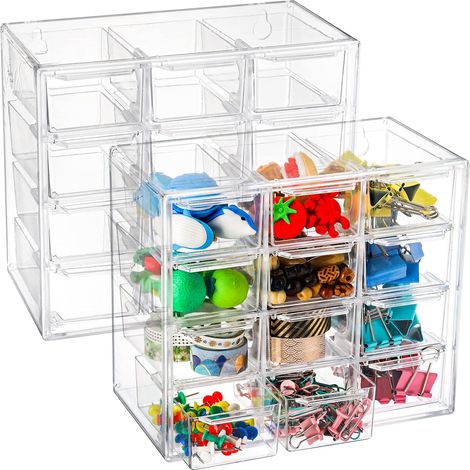 Boîte De Rangement De Bureau - Organisateur À Tiroirs Transparent - 12 Tiroirs Démontables - Pour Fournitures De Bureau Artisanat Maquillage Bijoux - Lot De 2 (1/5)