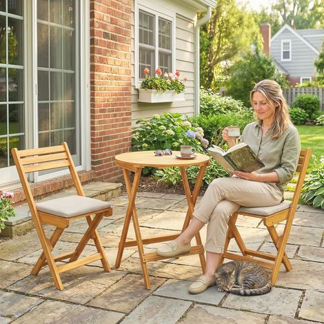 Conjunto de bistró para exteriores: 2 sillas plegables y mesa redonda, madera natural.