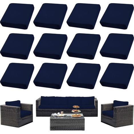 Ensemble de 8 housses de coussins pour terrasseHousses pour canapés d'extérieurHousses extensibles pour coussins de canapéProtections pour meubles lavables et réutilisables (12, Bleu marine)