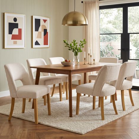 Lot de 6 chaises salle à manger confortables et respirantes en lin beige, pieds bois massif, style moderne – salon, café, cuisine (1/4)