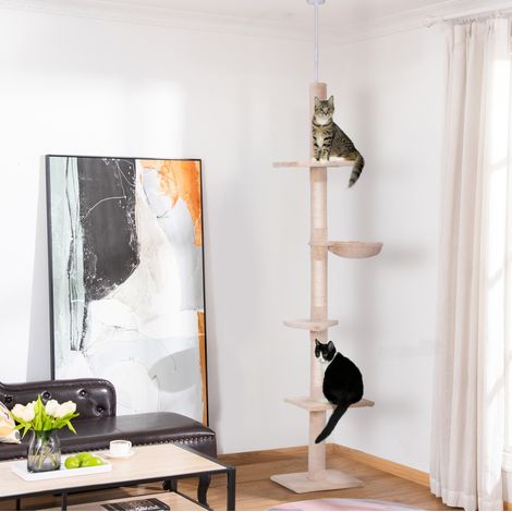 Arbre à chat en sisal et peluche beige, 5 niveaux, pour griffer, grimper et se reposer, 40 x 34 x 230-260 cm (1/5)