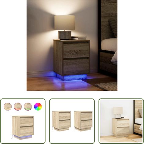vidaXL Nachttisch Holz - Nachttische mit LED-Leuchten 2 Stk. Sonoma-Eiche 38x34x50 cm (1/5)