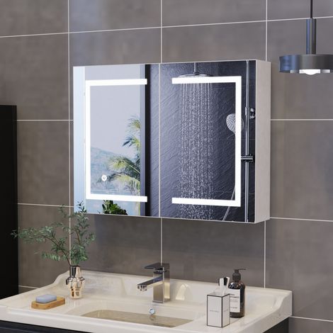 Armoire de salle de bain avec LED miroir, 3 étagères ouverts 2 portes miroir, Meuble Mural Salle de Bain Armoire, Blanc