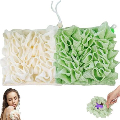 Lntyq 2pièces 2 en 1 éponge de Bain en Luffa et Mailles Fine,Tissu de lavage Loofah Combo,Fleurs de Douche,Eponge de Douche Exfoliante Boule,Eponge de Douche avec Cordon de Serrage,pour Netto (1/5)