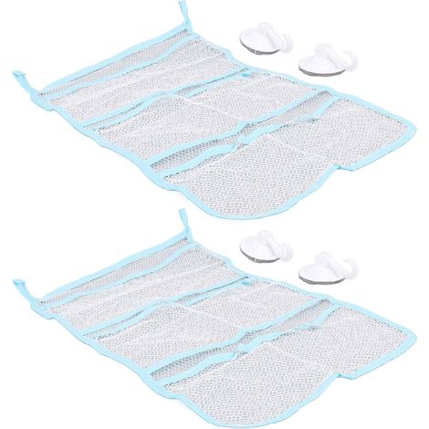 Lot de 2 sacs de rangement en filet pour articles de toilette de salle de bain, avec plusieurs poches et ventouse. (1/5)