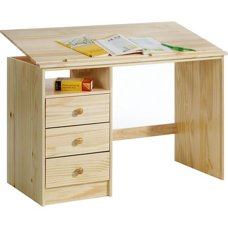 Idimex – Bureau enfant en pin massif – 3 tiroirs – Plateau inclinable 0° à 26° – Finition vernis naturel – Casier ouvert pour rangement