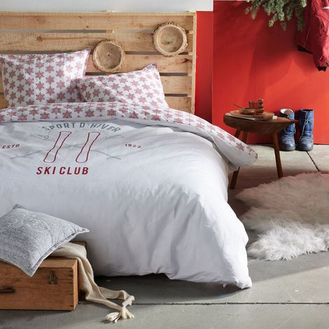 Parure de lit 3 pièces 240x220 cm coton imprimé ski blanc et rouge (1/2)