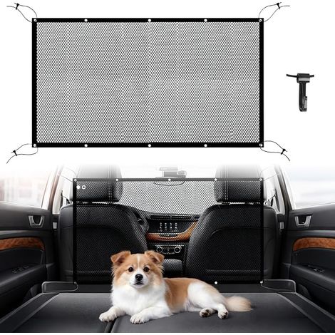 Car Barrier for Dogs, 110 cm x 75 cm Wide Separation Grille for Boot Dog Rear Seat with Adjustable Rope and Hooks for SUV, Trucks and Cars (Black) (1/5)