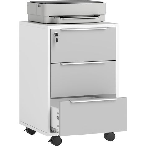 Schedario per Ufficio a 3 Cassetti con Chiavi di Sicurezza e 4 Ruote, in Legno, 40x40x63.5 cm, Bianco e Grigio