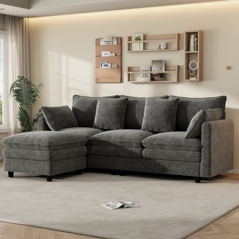 Canapé d'angle en L avec 4 coussins décoratifs et 3 dossiers, canapé 3 places avec méridienne, canapé moderne pour salon et bureau, charge maximale 120 kg, dimensions 212 × 150 × 90 cm, gris (1/5)