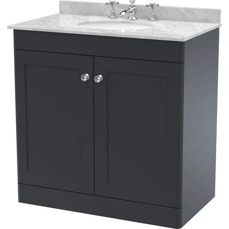 Nuie Classique Satin Soft Black 800mm 2 Door Vanity Unit with Grey Marble Countertop and Round Basin with 3 Tap Holes - CLC1426GR3 (1/2)