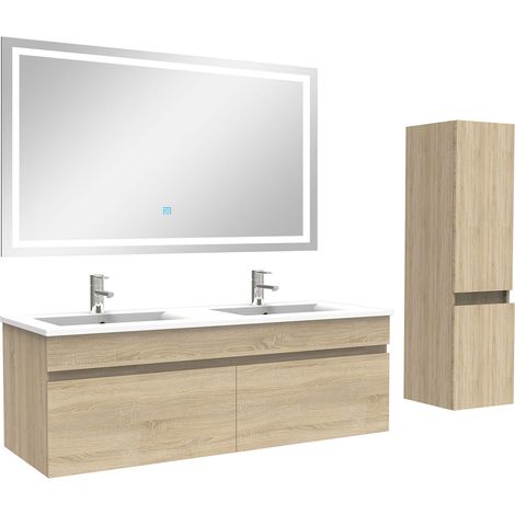 Ocean Ensemble meuble salle de Bain 120cm double vasque avec colonne + miroir 3 couleurs Chêne Wotan