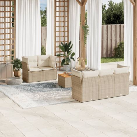 vidaXL 6-tlg. Garten-Sofagarnitur mit Kissen Beige Poly Rattan (1/3)