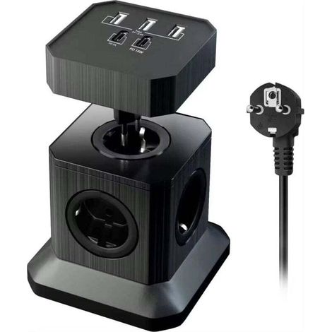 Multiprise (16A/4000W) 4 Prises françaises avec 3 Ports USB et 2 Port Type-C, Bloc Multiprise Parafoudre et Surtension avec Interrupteur, Câble 2Mpour Maison Bureau,Voyage (Noir) (1/3)