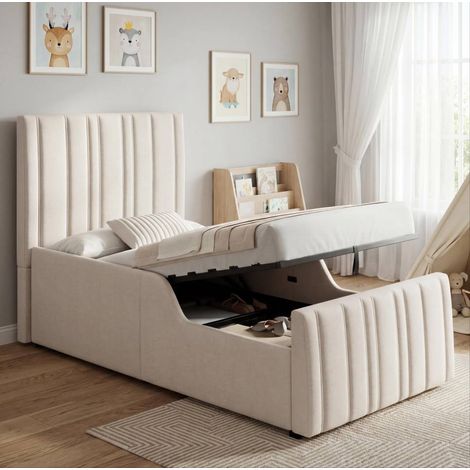 Letto singolo imbottito stile moderno in lino beige 90x200 cm con testiera, rete a doghe e vano contenitore idraulico (1/5)