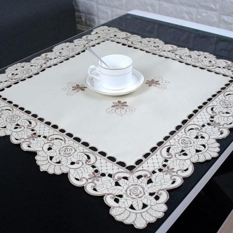 Tischdecke quadratisch 60x60 cm weiß bestickt Spitze floral Satin für Hochzeit Party Esszimmer
