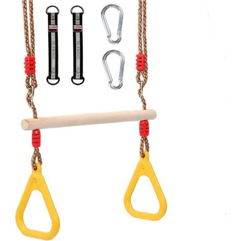 Balançoire trapèze Multifonction en Bois pour Enfants avec Anneaux en Plastique - Charge maximale : 200 kg - pour l'intérieur et l'extér (Jaune) TONCHEAN