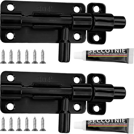 Verrou de Porte en Acier Inoxydable 4 Pouces, Lot de 2 avec 12 Vis, Serrure de Sécurité Antirouille pour Portes, Fenêtres et Clôtures (Noir) (1/5)