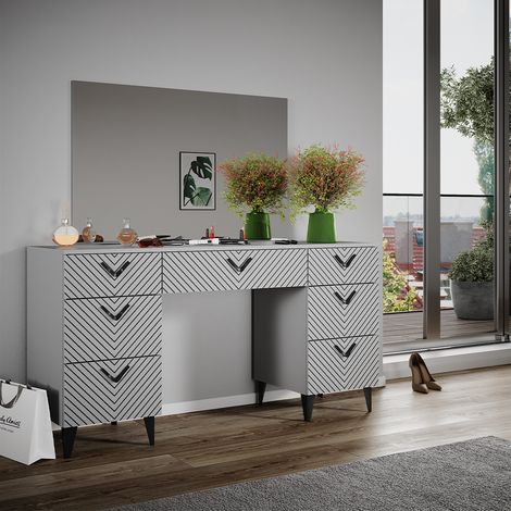 Schminktisch Anett, Grau, 150 cm mit 7 Schubladen, Vicco