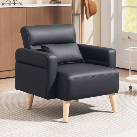 Sillón Tapizado en Cuero Sintético Respaldo con Costuras y Patas de Madera para Salón o Dormitorio 77x78x78 cm Negro (1/5)