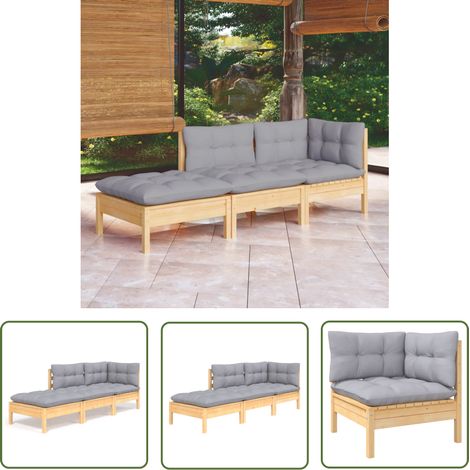 The Living Store Salon de jardin 3 pcs avec coussins gris Bois de pin massif - Salon De Jardin - Mobilier De Jardin - Ensemble Salon De Patio - Meubles De Jardin - Bois De Pin (1/5)