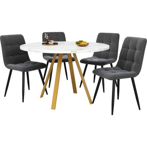 ELVMI Conjunto de Mesa y Sillas con 1 Mesa y 4 Sillas, en MDF y Metal, Blanco y Oro (1/5)