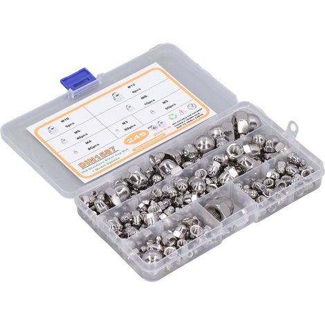 Jeu de 249 écrous hexagonaux borgnes M3-M12 DIN1587 en acier inoxydable 304 finition brillante (1/5)