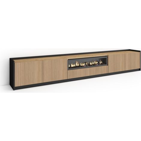 Skraut Home - Mueble TV, Televisión, Muebles de salón, almacenaje, 310x37x50cm, Para TV hasta 80", Chimenea eléctrica, Estilo Moderno, Roble y negro (1/5)