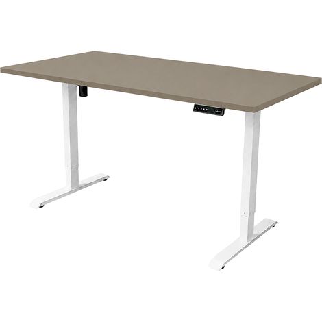 Bureau électrique réglable en hauteur - 160x80 cm - Moteur simple - Blanc / Taupe (1/5)