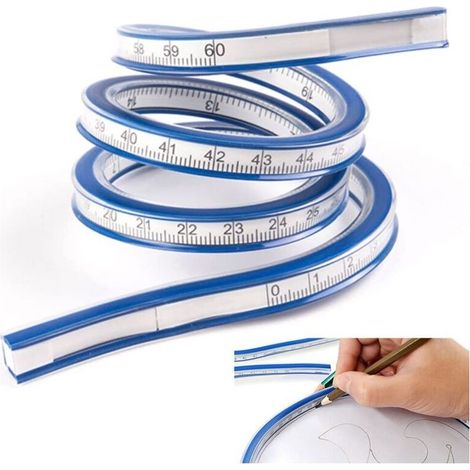 60cm PVC + Metal Flexible Ruler, Folding Curved Ruler, Flexible Transparent Curved Ruler, Portable Two-Level Ruler for Office, School, Study, Technical Drawing, Clothing, Woodworking - Blue (1/5)
