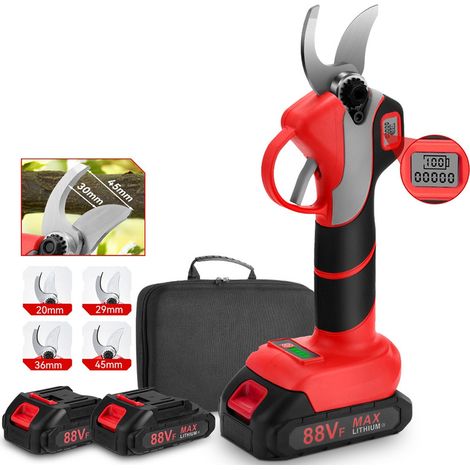 Tijera de podar eléctrica inalámbrica 88VF 30 mm, 4 velocidades, con pantalla digital de enverdecimiento para árboles frutales de jardín Tijeras de podar - Con 2 baterías y 1 cargador
